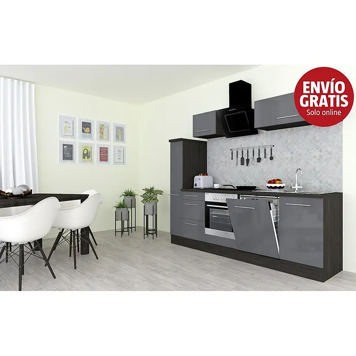 Respekta Premium Composición de cocina Amanda Alto - Ancho: 250 cm, Roble/Gris, Con electrodomésticos - Muebles de cocina modernos en gris oscuro y aspecto madera con mesa de comedor y sillas blancas en un espacio abierto contemporáneo.