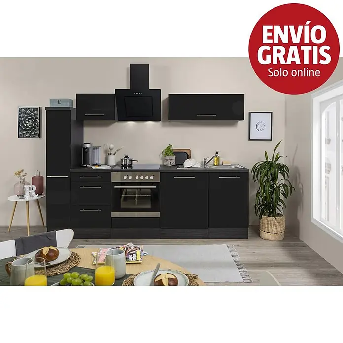 Respekta Premium Composición de cocina Amanda Alto - Ancho: 250 cm, Roble/Negro, Con electrodomésticos - Cocina modular negra con horno, vitrocerámica, fregadero y armarios superiores en un ambiente de cocina moderno.