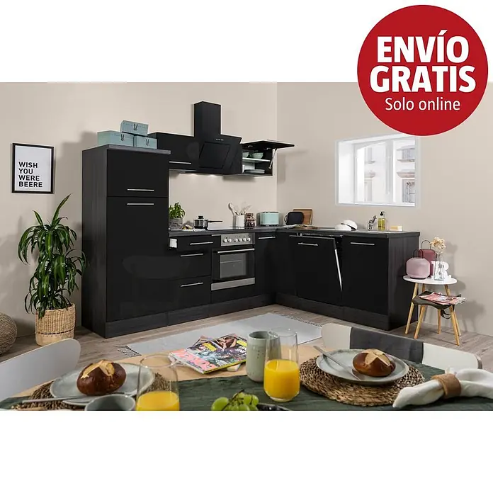 Respekta Premium Cocina esquinera Amanda - An x Pr: 260 x 60 cm, Roble/Negro, Con electrodomésticos - Un moderno conjunto de muebles de cocina negros con armarios brillantes y electrodomésticos integrados (horno, placa, campana, fregadero), en forma de L.