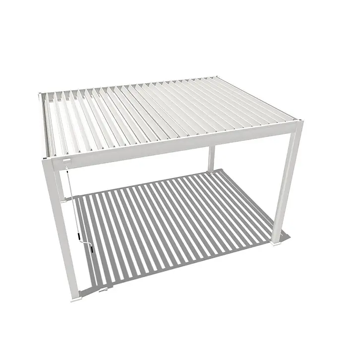 Classic Aluminium freistehend  4 x 6 M Weiß -  - Weiße Lamellenpergola mit verstellbarem Lamellendach und Kurbel, die lange Schatten wirft.