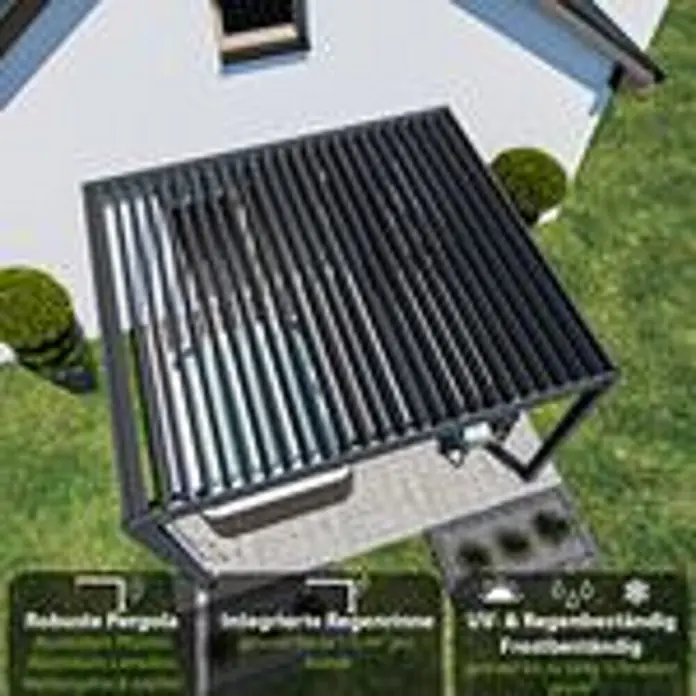 Deluxe für Wandmontage Aluminium 3,6 x 4 m Anthrazit -  - Anthrazitfarbene Aluminium-Pergola mit verstellbaren Lamellen auf einer Terrasse für Schatten und Wetterschutz.