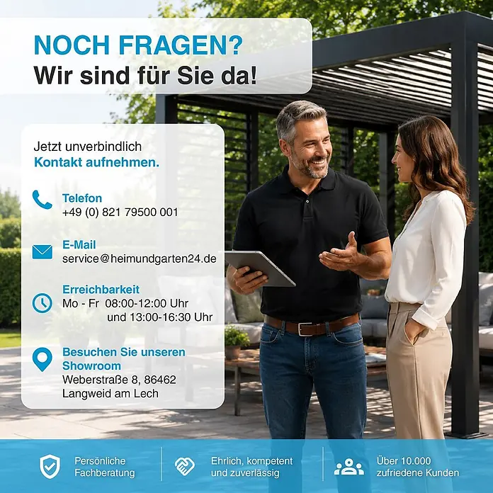 Deluxe Plus freistehend 4 x 6 m Anthrazit Aluminium -  - Kontaktinformationen für Fachberatung, mit zwei freundlichen Beratern bei einem Gespräch im Freien.