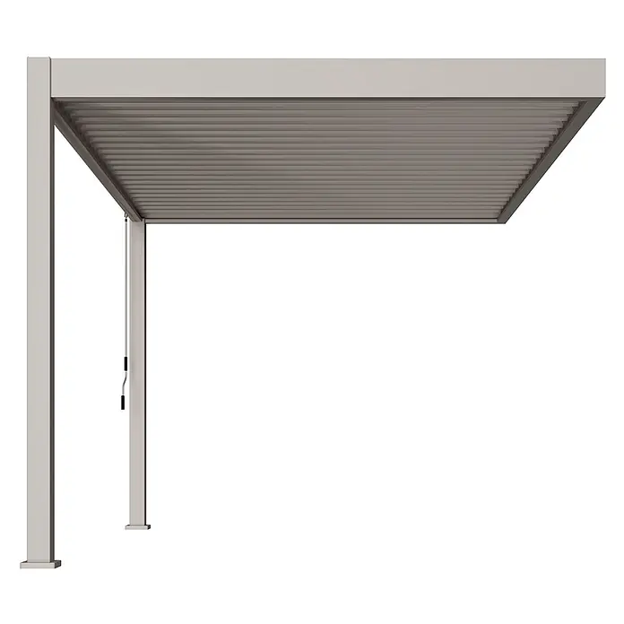 Deluxe für Wandmontage Aluminium 3 x 3,6 m Ivory-Sand -  - Helle graue Metallpergola mit verstellbarem Lamellendach und Kurbelmechanismus.