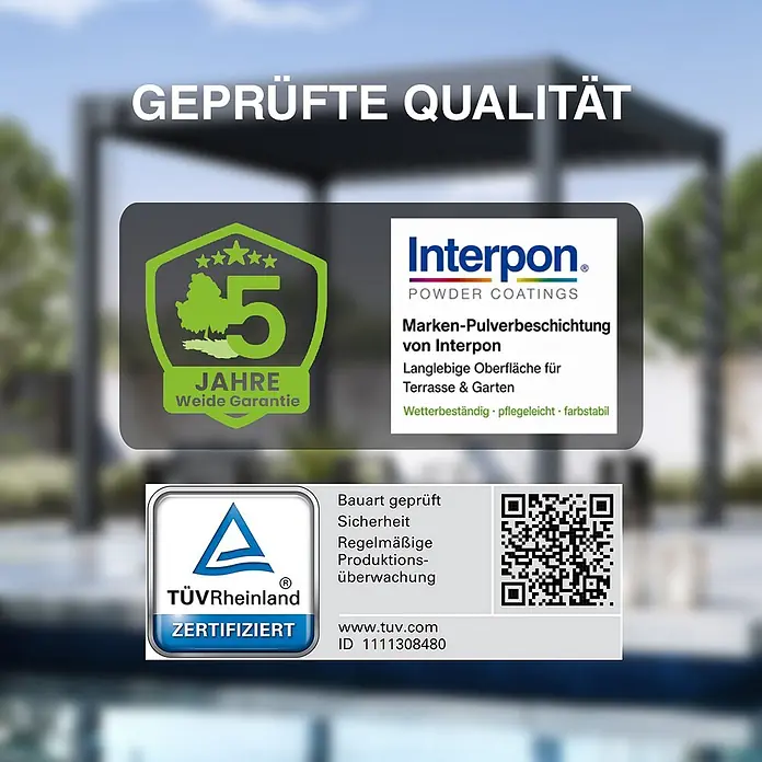 Deluxe Plus freistehend 4 x 6 m Anthrazit Aluminium -  - Qualitätssiegel: 5 Jahre Garantie, Interpon Pulverbeschichtung, TÜV Rheinland Sicherheitszertifizierung für langlebige Outdoor-Produkte.