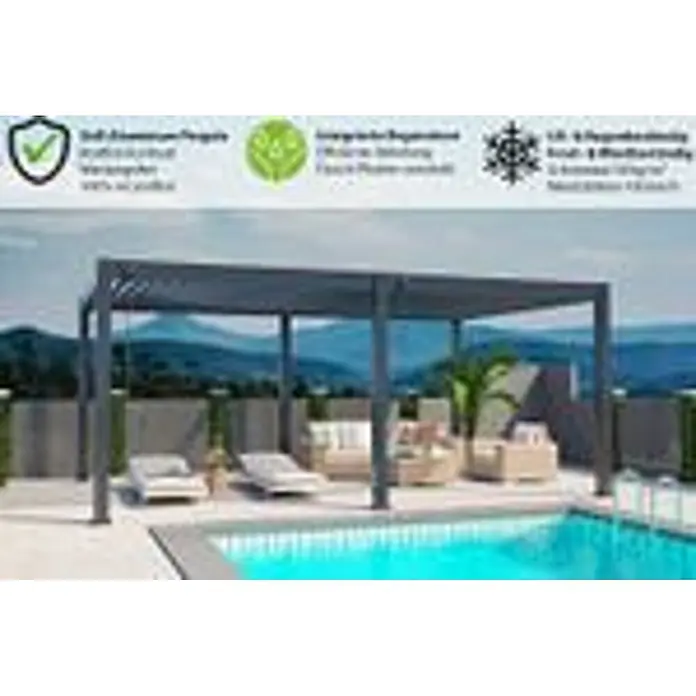Deluxe Plus freistehend 4 x 6 m Anthrazit Aluminium -  - Dunkelgraue Aluminium-Pergola mit verstellbaren Lamellen überdacht eine Terrasse neben einem Pool und spendet Schatten für Loungemöbel.