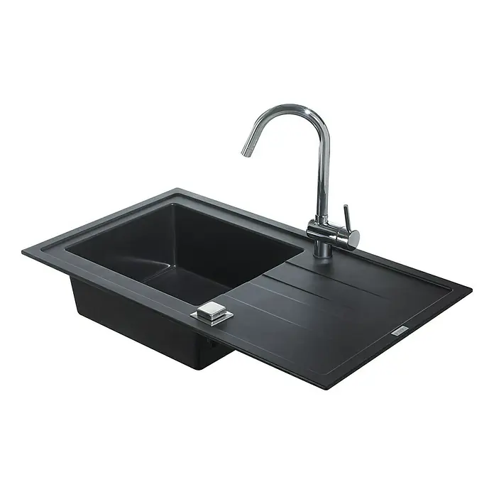 Carea Einbauspüle Tango - 86 x 50 cm, Schwarz, Material Spüle: CAREAgranit® - Eine moderne schwarze Küchenspüle mit Abtropffläche und einem eleganten Chromhahn, ideal für jede moderne Küche.