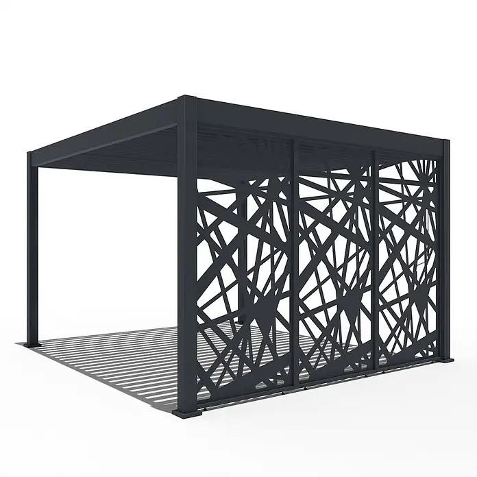 Seitenwand Paneel für Weide Pergola Abstraktes Design anthrazit 113 cm -  - Dunkelgraue Pergola mit Lamellendach und einer aufwendig lasergeschnittenen geometrischen Seitenwand, die lineare Schatten wirft.