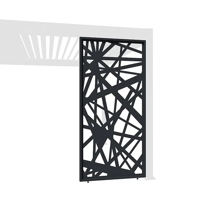 Seitenwand Paneel für Weide Pergola Abstraktes Design anthrazit 113 cm -  - Dunkelgraues Deko-Paneel mit abstraktem, geometrischem Schnittmuster, in eine weiße Pergola integriert.