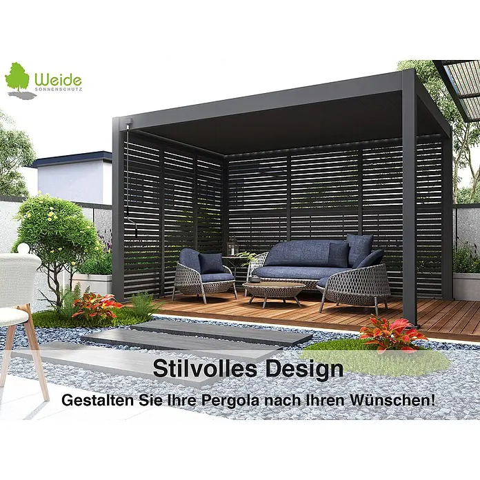 Seitenwand Lamellenwand Paneel für Weide Pergola Drehbar Anthrazit 113 cm -  - Dunkelgraue moderne Pergola mit Lamellenwänden und blauen Gartenmöbeln auf Holzterrasse im Garten.