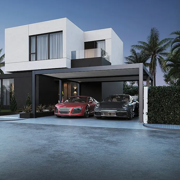 Autoüberdachung Aluminium 6 x 5,3 M Anthrazit -  - Modernes Haus mit grauem Carport, der zwei Luxussportwagen beherbergt, inmitten tropischer Vegetation in der Dämmerung.