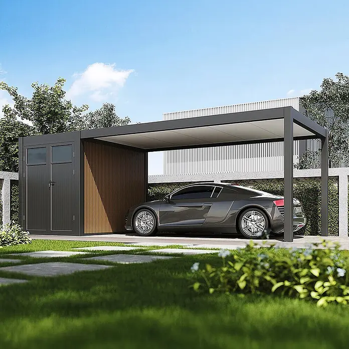 Autoüberdachung Aluminium mit Schuppen 3 x 7,2 M Anthrazit -  - Moderner dunkelgrauer Carport mit integriertem Geräteschuppen und Holz-Akzent, der einen Sportwagen schützt.