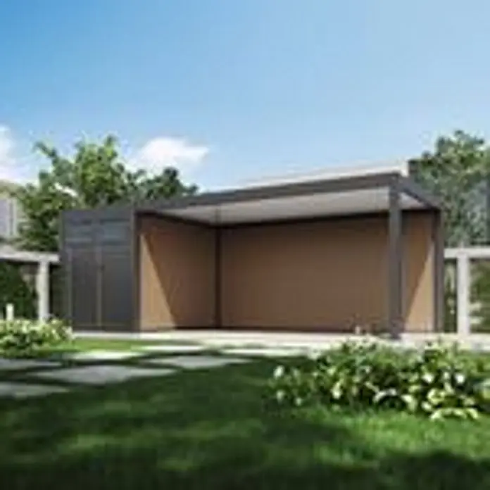 Autoüberdachung Aluminium mit Schuppen 3 x 7,2 M Anthrazit -  - Moderne dunkelgraue Pergola mit braunen Seitenwänden, als Outdoor-Wohnraum.