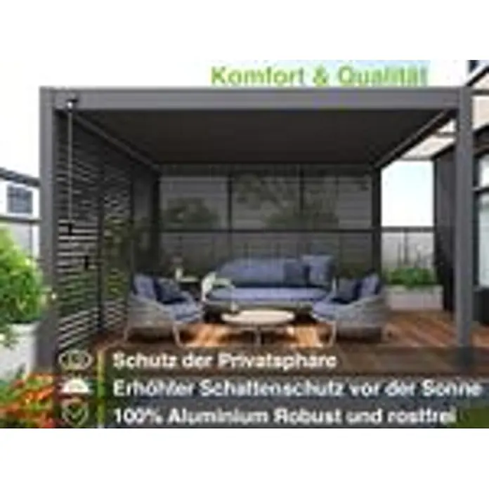 Seitenwand Lamellenwand Paneel für Weide Pergola Drehbar Anthrazit 93 cm -  - Dunkelgraue Aluminium-Pergola mit Lamellen-Seitenwänden und ausziehbarem Sonnenschutz für einen privaten Sitzbereich im Freien.