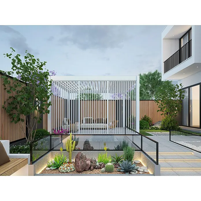 Seitenwand Lamellenwand Paneel für Weide Pergola Weiß 113 cm -  - Moderne Terrasse mit weißer Lamellenpergola über Sitzgelegenheiten und versenktem Wüstengarten.