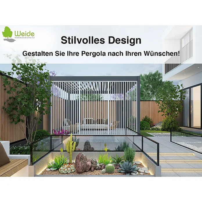 Seitenwand Lamellenwand Paneel für Weide Pergola Weiß 113 cm -  - Moderne grau-weiße Lamellen-Pergola, die einen stilvollen Außenwohnbereich in einem modernen Garten schafft.
