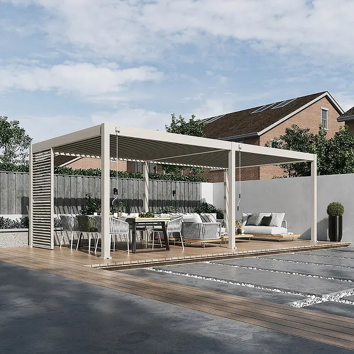 Seitenwand Lamellenwand Paneel für Weide Pergola Drehbar Sand 113 cm -  - Große, hellfarbene moderne Pergola, die einen Ess- und Loungebereich im Freien auf einer Holzterrasse bedeckt.