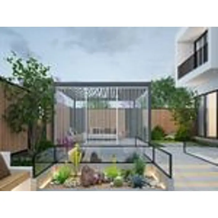 Seitenwand Lamellenwand Paneel für Weide Pergola Weiß 113 cm -  - Moderne Pergola aus dunklem Metall, die im stilvollen Garten mit versenktem Beet Schatten spendet.