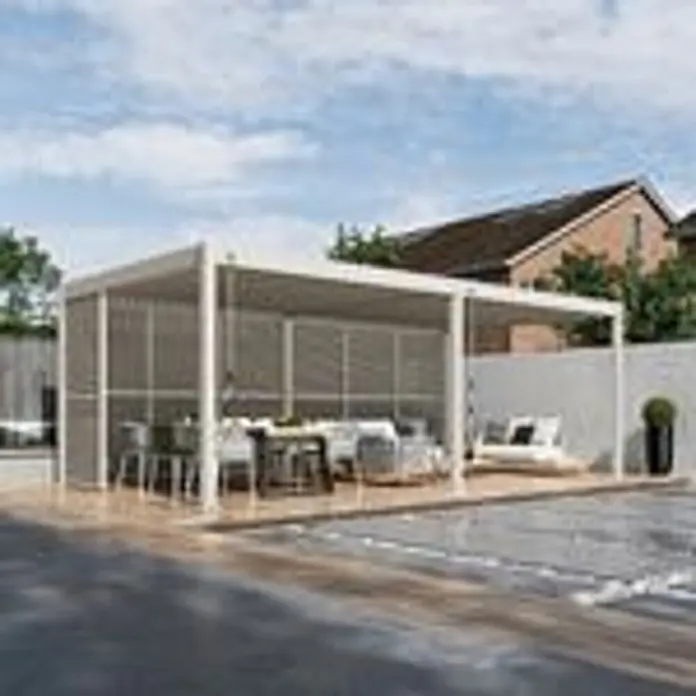 Seitenwand Lamellenwand Paneel für Weide Pergola Drehbar Sand 113 cm -  - Große weiße moderne Aluminium-Pergola mit Lamellenwänden und Dach, die einen Ess- und Loungebereich im Freien am Pool einrichtet.