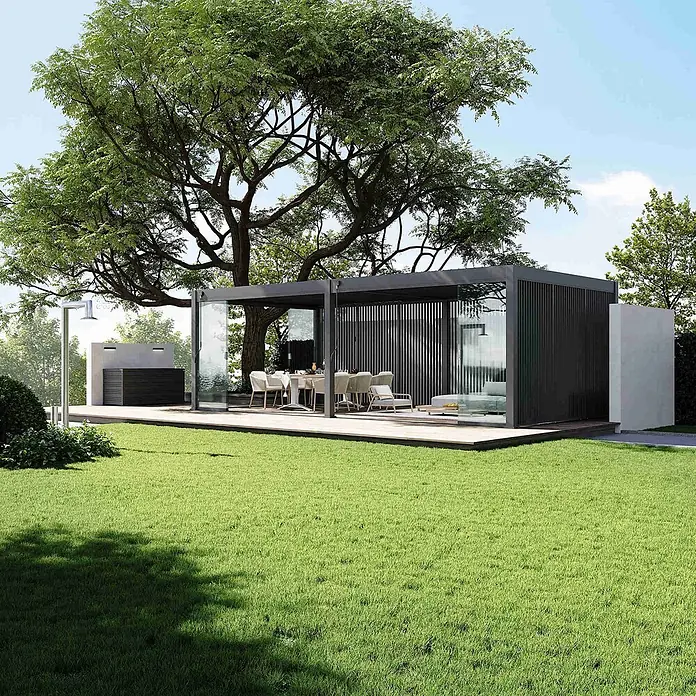 Seitenwand Lamellenwand Paneel für Weide Pergola Anthrazit 123 cm -  - Moderner schwarzer Gartenpavillon mit Glaswänden und Lamellen, auf Holzterrasse, der einen Ess- und Loungebereich im Freien schafft.