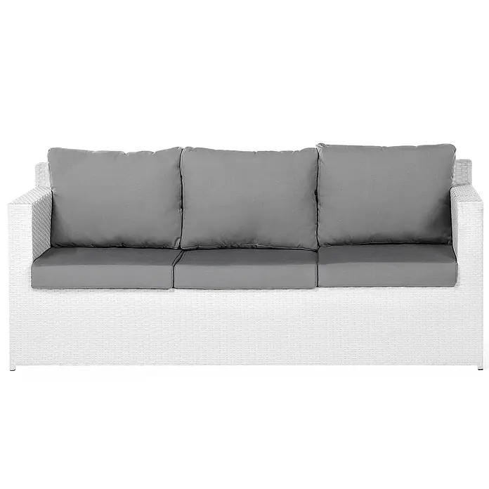 16-tlg Lounge Set ROMA in Weiß/Grau -  - Weißes Rattan-Gartensofa mit drei grauen Sitz- und Rückenkissen.