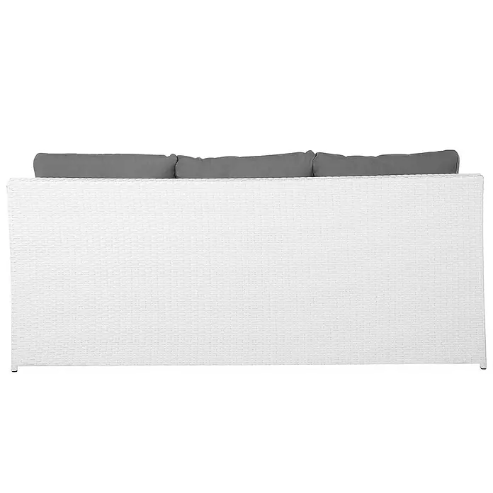 16-tlg Lounge Set ROMA in Weiß/Grau -  - Rückansicht eines weißen Rattan-Gartensofas mit grauen Kissen.