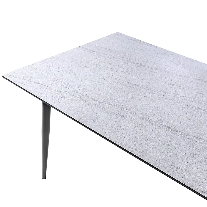 Esstisch TOLENTINO in Grau/Beige - (W) 90 x (H) 75 x - L - Hellgrauer gesprenkelter Tisch mit einem dunkelgrauen, spitz zulaufenden Bein.