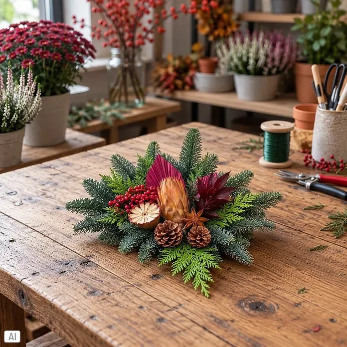 Piardino Grabstrauß 1050 - 35 x 60 cm, Rot/Natur - Festliches Tischgesteck mit Tannenzweigen, roten Beeren, Tannenzapfen, getrockneter Orangenscheibe und Naturmaterialien auf Holztisch.
