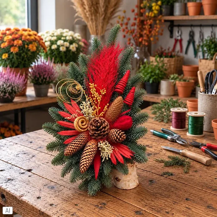 Piardino Grabgesteck Birkenholz Nr. 268 - Länge: 65 cm - Festliches Immergrün-Arrangement mit roten Akzenten, Tannenzapfen und goldenen Beeren auf Holztisch in Handwerksumgebung.