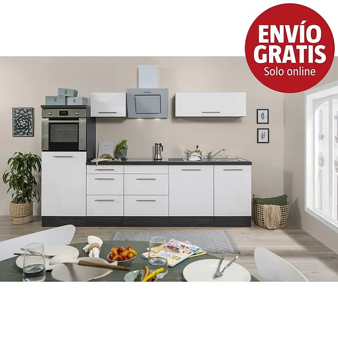 Respekta Premium Composición de cocina Amanda - Ancho: 280 cm, Roble/Blanco, Con electrodomésticos - Cocina moderna blanca alto brillo con encimera oscura y electrodomésticos integrados, en un espacio de cocina contemporáneo con comedor.