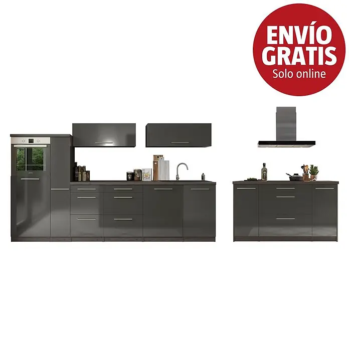 Respekta Premium Cocina de isla Amanda - Ancho: 310 cm, Roble/Gris, Con electrodomésticos - Muebles de cocina integrados en gris oscuro brillante con horno, fregadero y campana extractora.