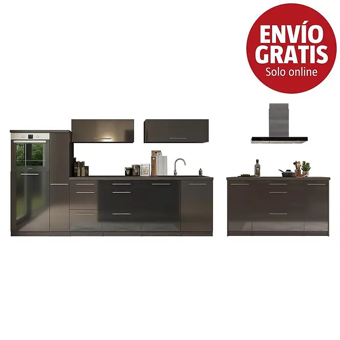 Respekta Premium Cocina de isla Amanda - Ancho: 310 cm, Roble/Negro, Con electrodomésticos - Conjunto de cocina moderno oscuro brillante con horno empotrado, fregadero y campana.