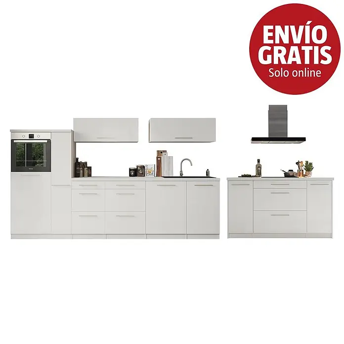 Respekta Premium Cocina de isla Amanda - Ancho: 310 cm, Blanco, Con electrodomésticos - Cocina modular blanca con horno, fregadero y campana extractora. Diseño moderno y elegante.