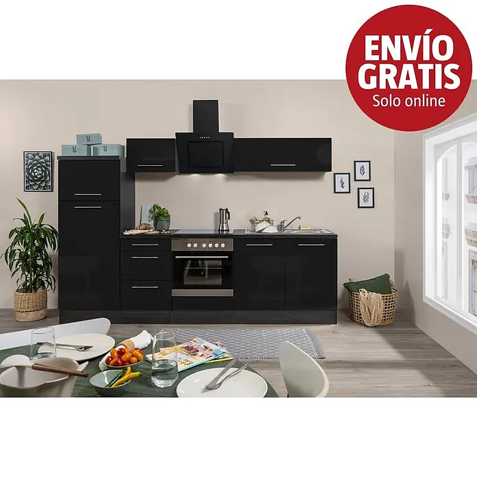Respekta Premium Composición de cocina Amanda Alto - Ancho: 270 cm, Roble/Negro, Con electrodomésticos - Conjunto de cocina moderno negro brillante con armarios, cocina integrada, fregadero y campana extractora, mostrado en un ambiente de cocina completo.