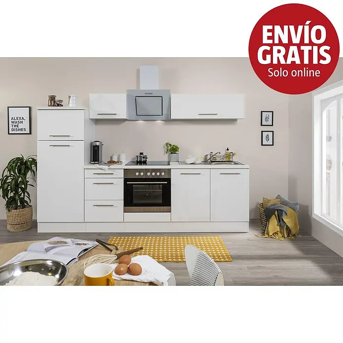 Respekta Premium Composición de cocina Amanda Alto - Ancho: 270 cm, Blanco, Con electrodomésticos - Cocina modular moderna blanca con horno, placa, fregadero y campana extractora integrados, mostrada en una cocina contemporánea. Armarios blancos brillantes.