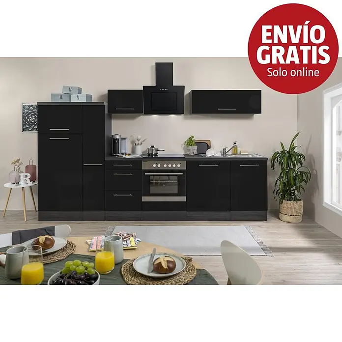 Respekta Premium Composición de cocina Amanda Alto - Ancho: 310 cm, Roble/Negro, Con electrodomésticos - Conjunto de cocina negro brillante con electrodomésticos, fregadero y campana integrados, con un banner rojo "Envío Gratis Solo online".