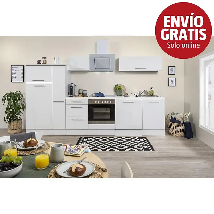Respekta Premium Composición de cocina Amanda Alto - Ancho: 310 cm, Blanco, Con electrodomésticos - Mueble de cocina blanco brillo con electrodomésticos y comedor en una estancia moderna.