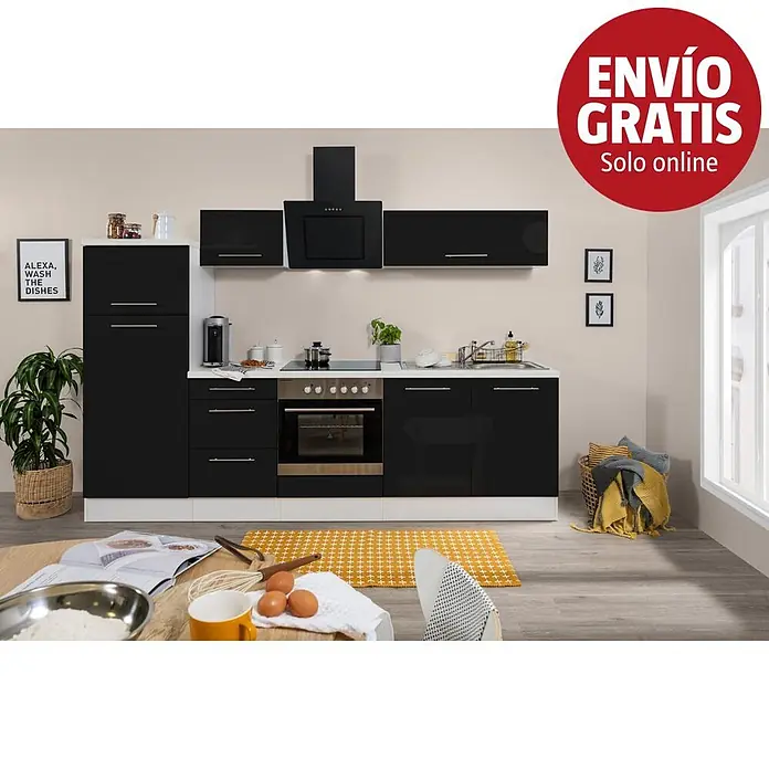 Respekta Premium Composición de cocina Amanda Alto - Ancho: 270 cm, Blanco/Negro, Con electrodomésticos - Cocina moderna negra con encimeras blancas y electrodomésticos integrados en cocina luminosa. Mesa con ingredientes para hornear en primer plano.