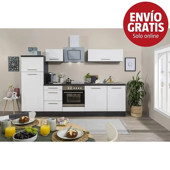 Respekta Premium Composición de cocina Amanda Alto - Ancho: 280 cm, Roble/Blanco, Con electrodomésticos - Conjunto de cocina moderno con armarios blancos de alto brillo, encimeras gris oscuro y horno, fregadero, campana extractora integrados, en un interior.