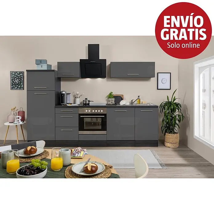 Respekta Premium Composición de cocina Amanda Alto - Ancho: 280 cm, Roble/Gris, Con electrodomésticos - Un conjunto de cocina gris brillante con electrodomésticos integrados y mesa de comedor, expuesto en un moderno espacio de cocina.
