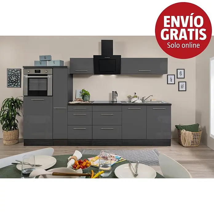 Respekta Premium Composición de cocina Amanda - Ancho: 300 cm, Roble/Gris, Con electrodomésticos - Cocina gris moderna con horno, placa, campana extractora y fregadero integrados, con armarios brillantes en un entorno de cocina.