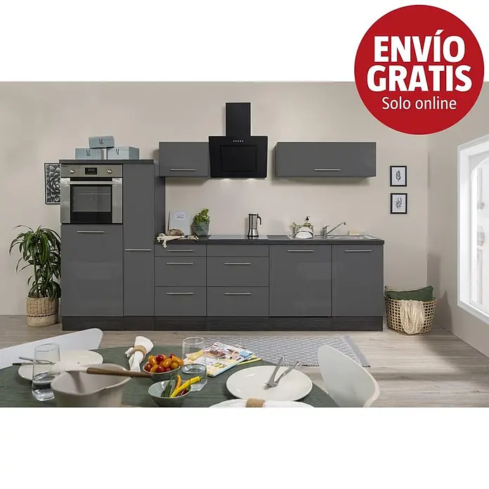 Respekta Premium Composición de cocina Amanda - Ancho: 310 cm, Roble/Gris, Con electrodomésticos - Cocina completa gris brillante con horno, placa, fregadero y armarios de almacenaje, ideal para un espacio moderno.