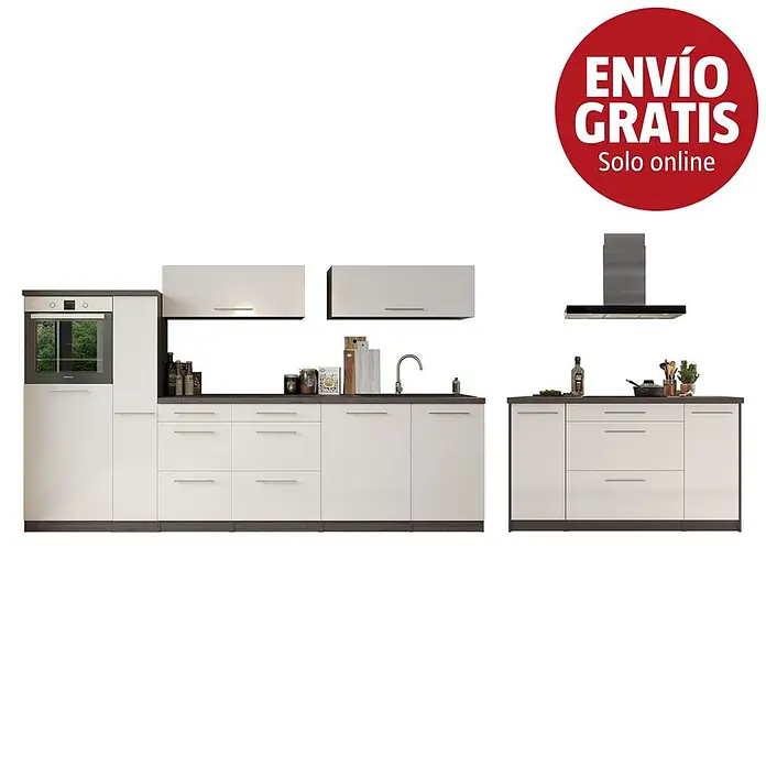 Respekta Premium Cocina de isla Amanda - Ancho: 310 cm, Roble/Blanco, Con electrodomésticos - Cocina modular blanca con encimeras y zócalo oscuros, incluyendo horno, fregadero y campana extractora.