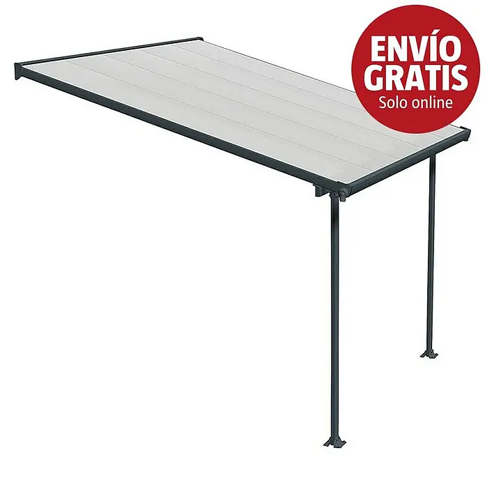 Solid Elements Marquesina adosada Feria - An x Pr: 305 x 300 cm, Gris antracita, Policarbonato, Transparente - Pérgola o cubierta de patio de lamas gris claro con postes de soporte oscuros.