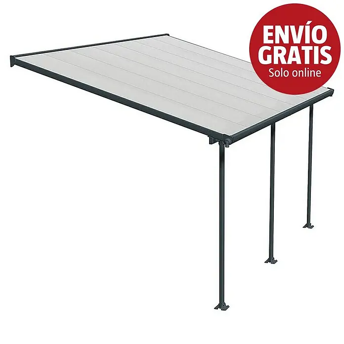 Solid Elements Marquesina adosada Feria - An x Pr: 425 x 300 cm, Gris antracita, Policarbonato, Transparente - Pérgola con techo de lamas gris claro y estructura metálica gris oscuro.