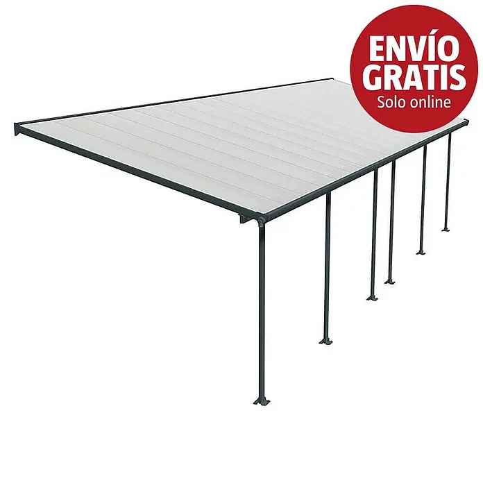 Solid Elements Marquesina adosada Feria - An x Pr: 971 x 300 cm, Gris antracita, Policarbonato, Transparente - Pérgola gris oscuro con techo de lamas claro y múltiples patas de soporte.