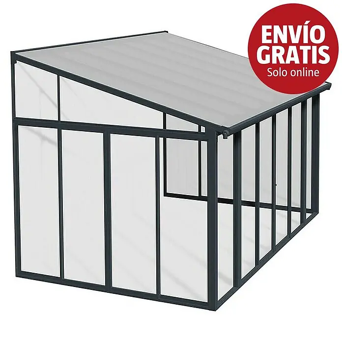 Palram – Canopia Porche acristalado San Remo - An x Pr x Al: 4,25 x 3 x 3,1 m, Gris antracita - Invernadero adosado gris oscuro con paneles translúcidos.