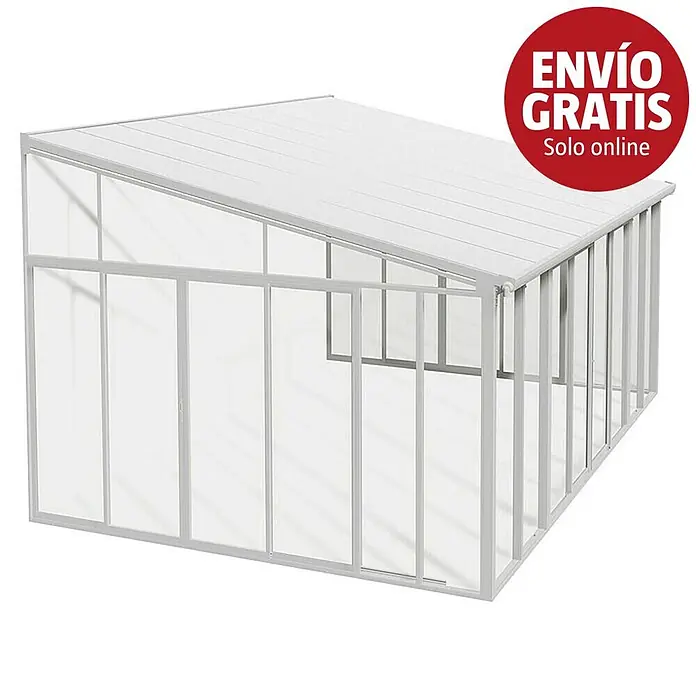Palram – Canopia Porche acristalado San Remo - An x Pr x Al: 4,25 x 4 x 3,1 m, Blanco tráfico - Invernadero de estructura blanca inclinada con paneles translúcidos en techo y laterales.