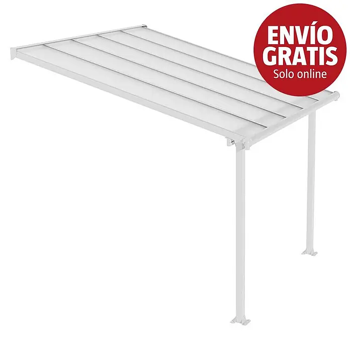 Palram – Canopia Marquesina adosada Olympia - An x Pr: 305 x 300 cm, Blanco tráfico, Policarbonato, Transparente - Pérgola o cubierta de patio blanca con techo translúcido y dos postes de soporte.