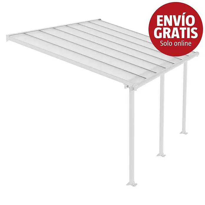Palram – Canopia Marquesina adosada Olympia - An x Pr: 425 x 300 cm, Blanco tráfico, Policarbonato, Transparente - Pérgola blanca con paneles de techo translúcidos y tres postes de soporte blancos.