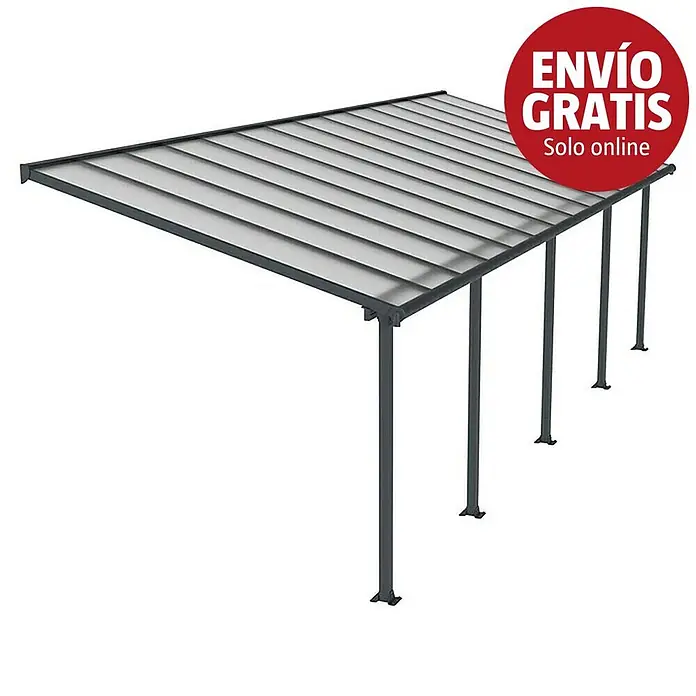 Palram – Canopia Marquesina adosada Olympia - An x Pr: 850 x 300 cm, Gris antracita, Policarbonato, Transparente - Cochera de metal gris oscuro con paneles de techo translúcidos.